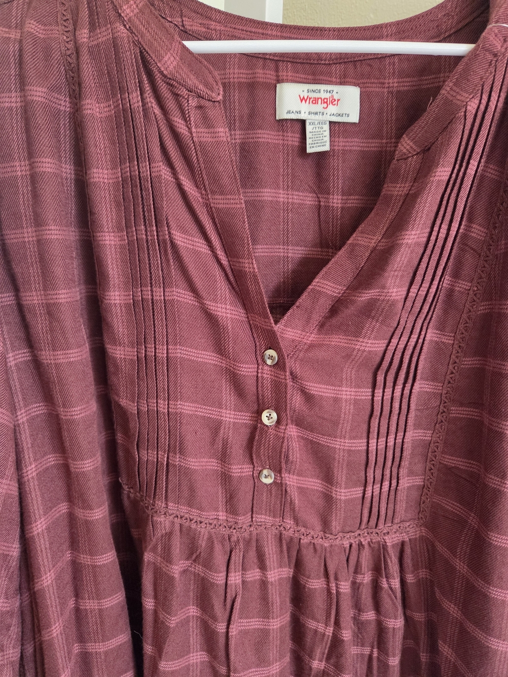 Wrangler Rose Plaid Button Front Peasant Top